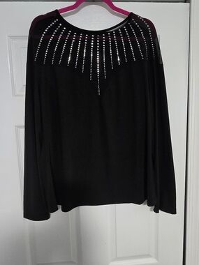 SHEIN Black Long Sleeve Studded Mesh Yoke Top